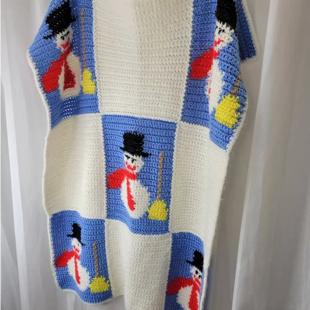 Handmade Snowman Crochet Patchwork Lap Small Blanket